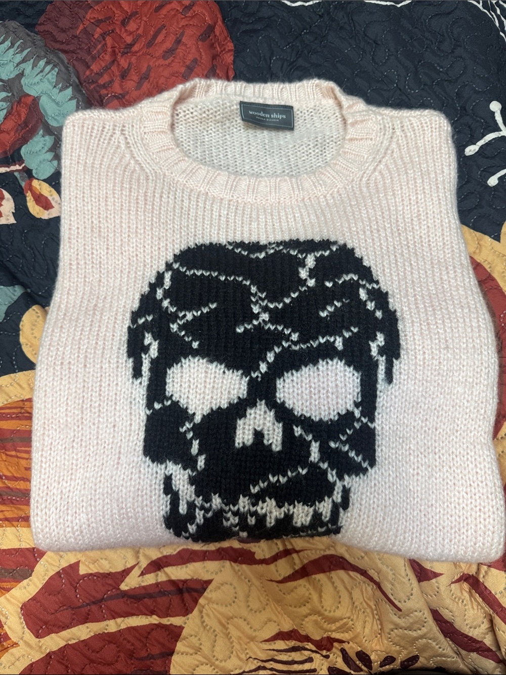 Wooden Ships Pink Knit Sweater with skull graphic